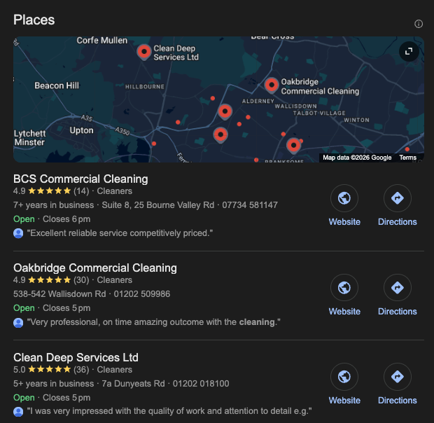 BCS Commercial Cleaning ranking number 1 in Google Maps local pack for commercial cleaning