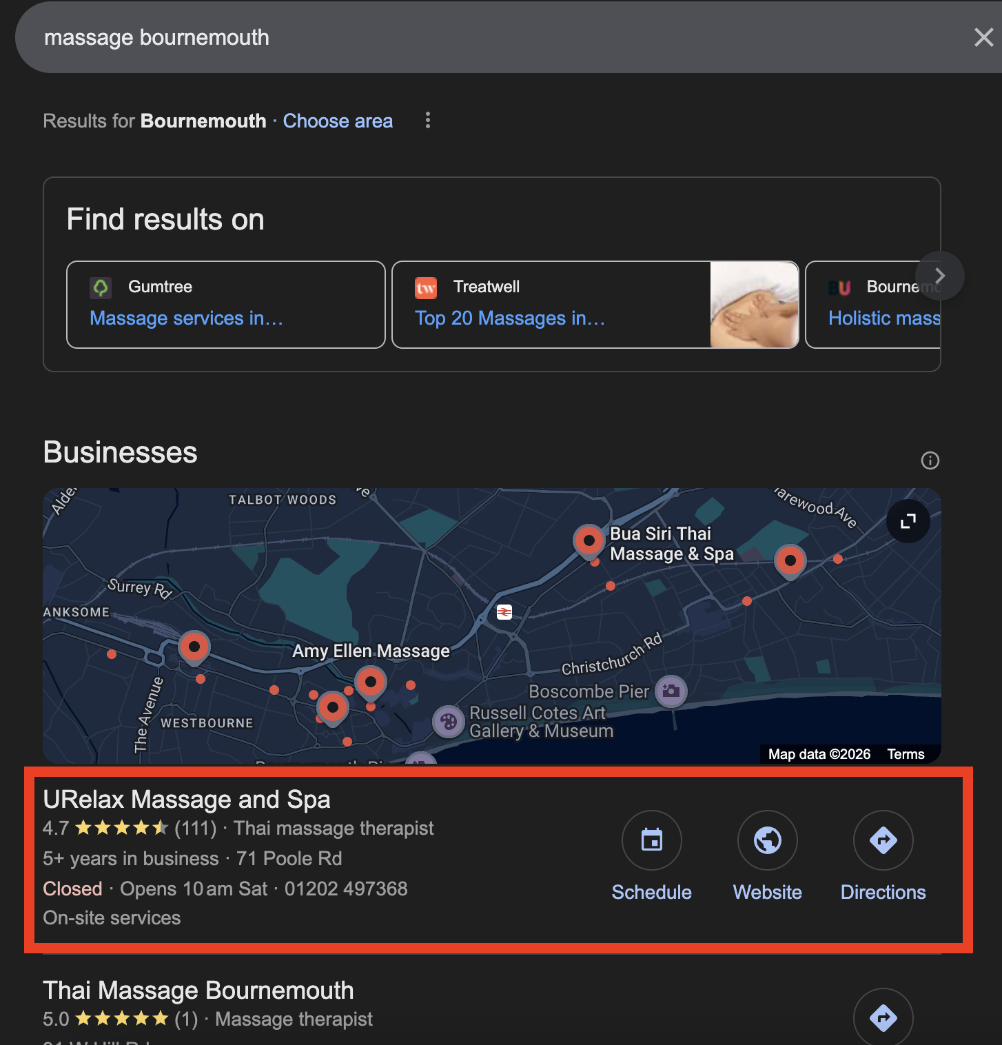 URelax Massage and Spa ranking number 1 in Google Maps for massage Bournemouth