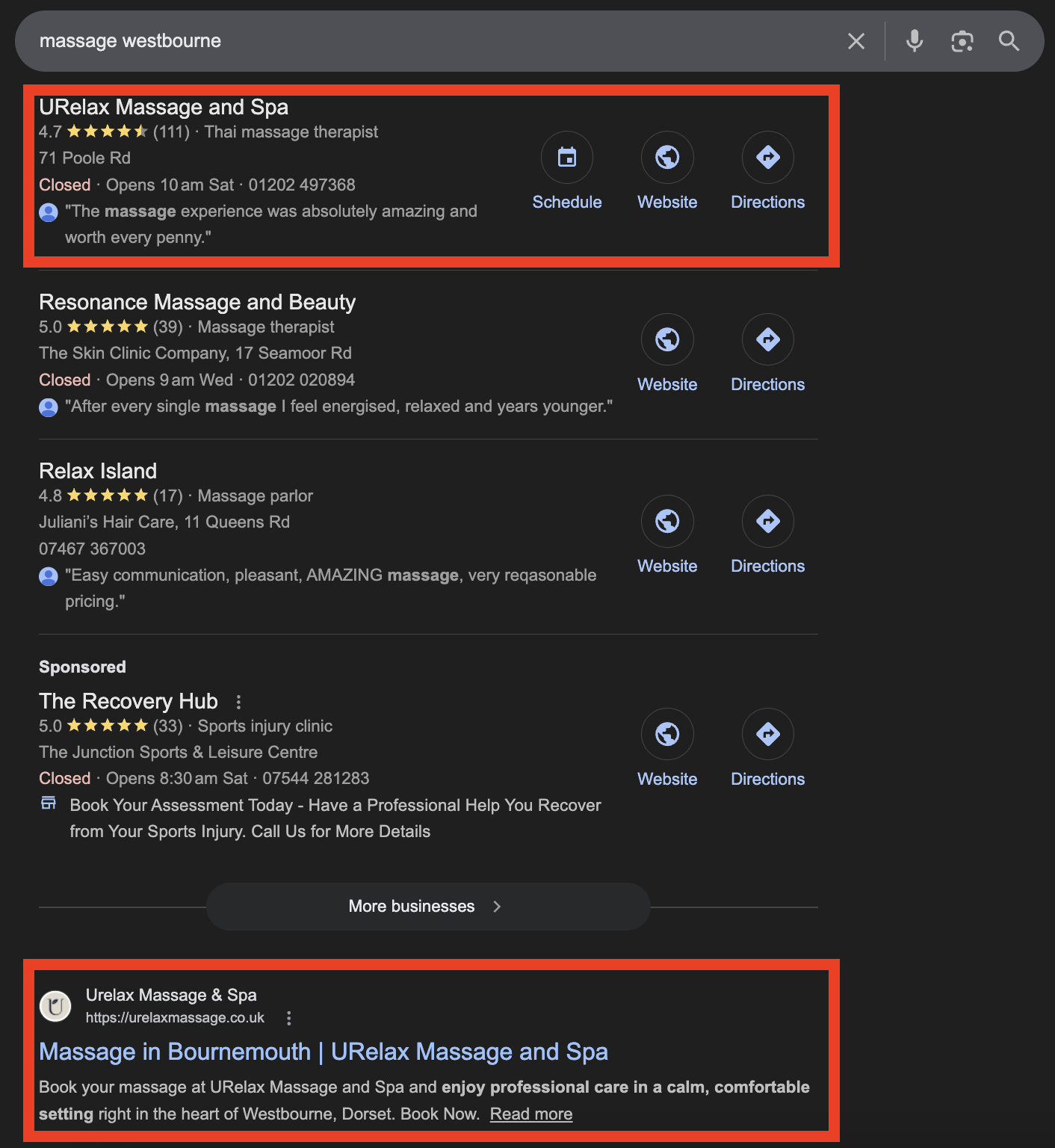 URelax Massage and Spa ranking number 1 in Google Maps and organic results for massage Westbourne